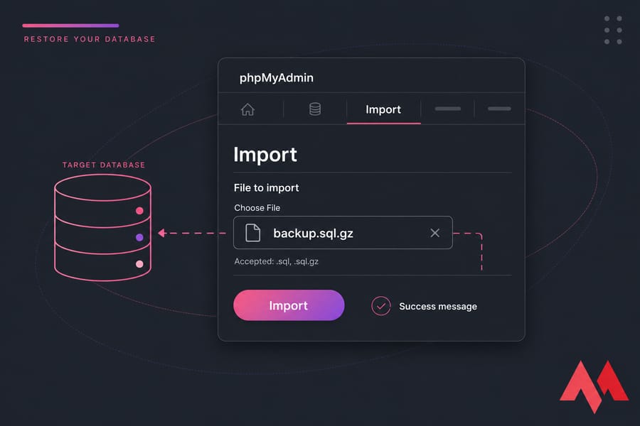 Stylised phpMyAdmin import interface showing SQL backup upload into a target database