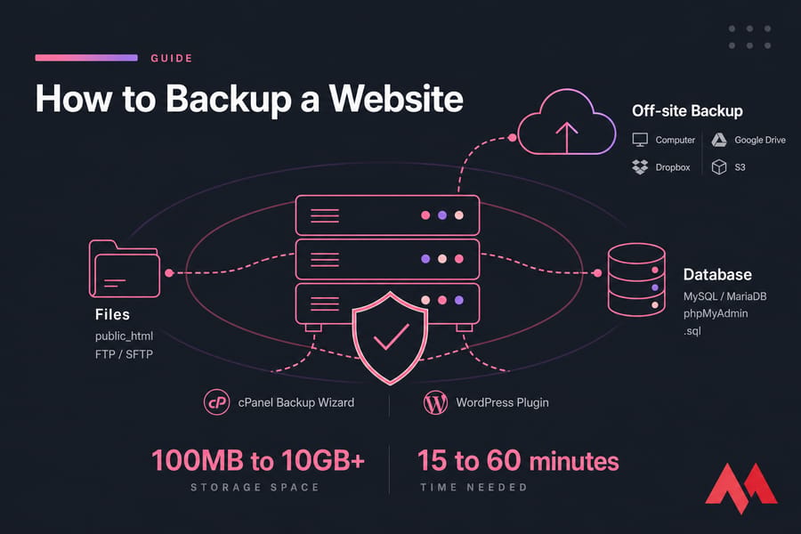 Stylized server, shield, files, database, and cloud backup graphic for website backup guide