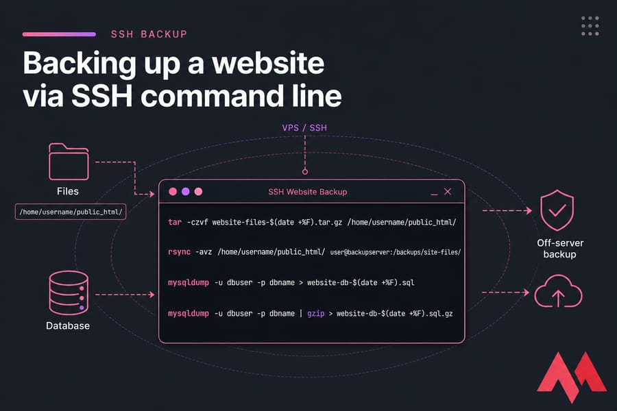 Stylized terminal illustration showing tar, rsync, and mysqldump commands for SSH website backup