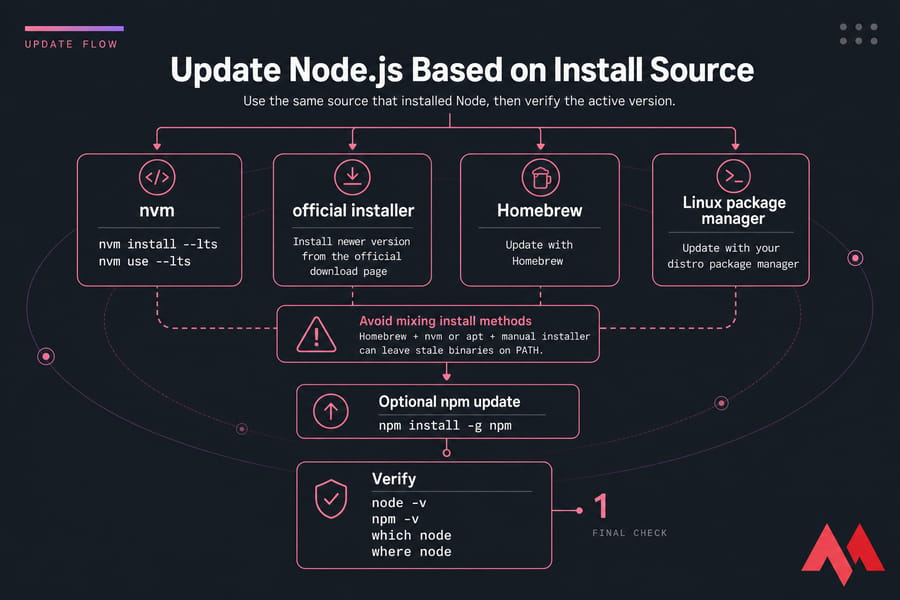 Node.js update decision flow by install source with final verification commands