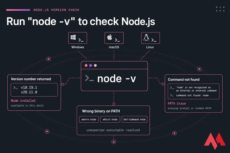 Node.js version check flowchart showing node -v outcomes for Windows, macOS, and Linux