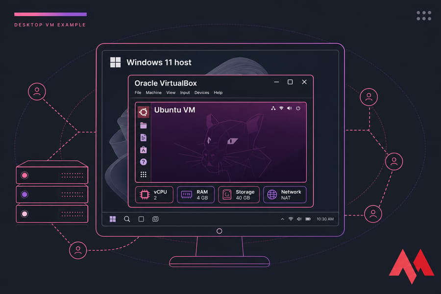 Stylised illustration of a Windows 11 host running an Ubuntu VM inside Oracle VirtualBox.