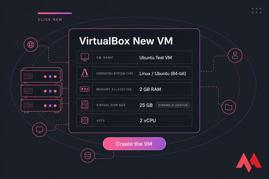 Stylised VirtualBox new VM wizard showing name, OS type, memory, vCPU, and disk size fields.