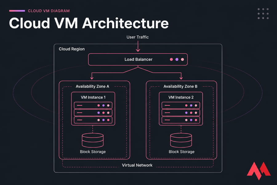 Stylized cloud VM architecture diagram with region, load balancer, two zones, VM instances, storage, and network.