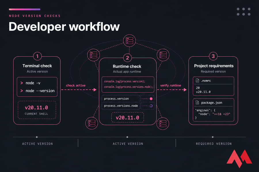 Workflow diagram showing terminal, runtime, and project-file ways to check Node.js version.