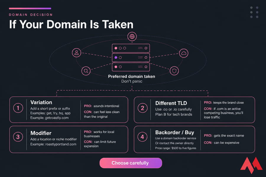 Flowchart infographic showing four options when a preferred domain name is taken.