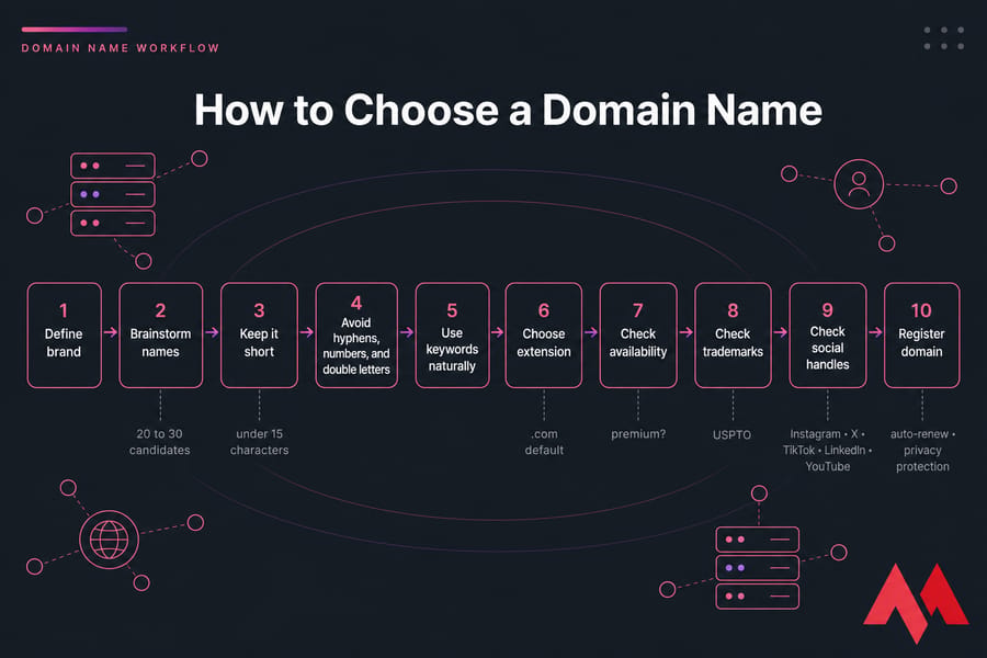 Horizontal 10-step workflow diagram for choosing and registering a domain name