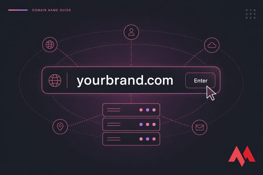 Stylised browser bar showing yourbrand.com with cursor over Enter on a dark gradient background