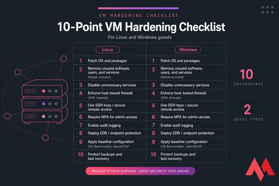Dark infographic showing a 10-point VM hardening checklist for Linux and Windows guests.