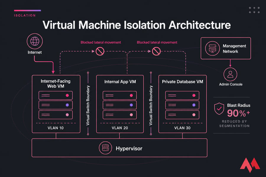 Diagram of isolated VM architecture with web, app, database, VLANs, and blocked lateral movement.