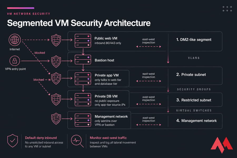 Segmented VM security architecture showing web, app, DB, bastion, VPN, firewalls, and east-west inspection.