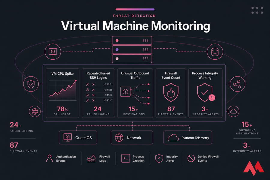 Stylised VM monitoring dashboard showing CPU spike, failed SSH logins, outbound traffic, firewall events, and integrity warning