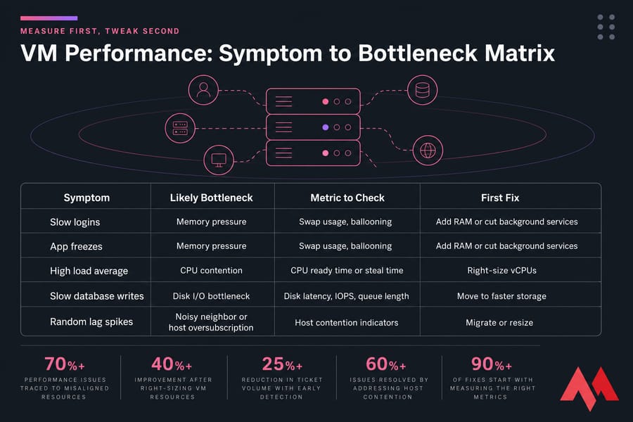 Dark VM troubleshooting infographic matrix mapping symptoms to bottlenecks, metrics, and first fixes.