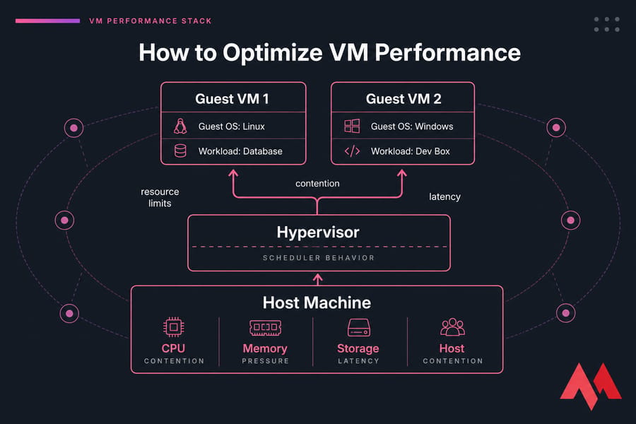 Layered VM performance diagram showing host machine, hypervisor, and two guest VMs with impact arrows