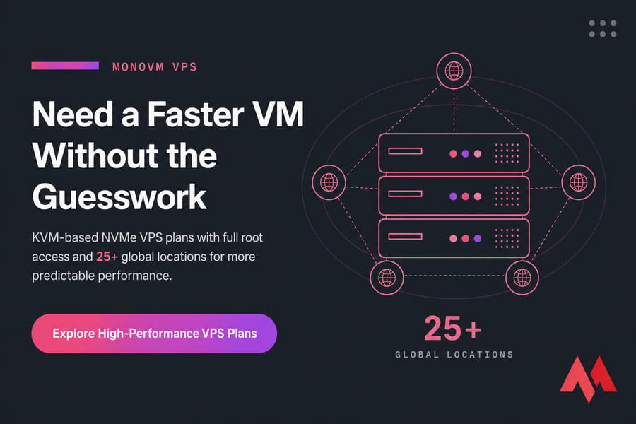 MonoVM-style callout card promoting faster KVM NVMe VPS plans with CTA button.