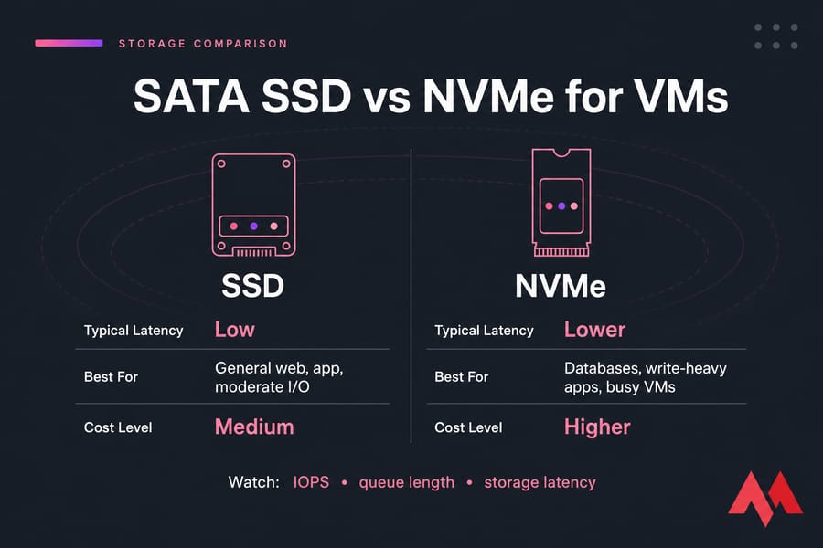 Side-by-side comparison of SSD and NVMe storage for VMs with latency, workload fit, and cost.
