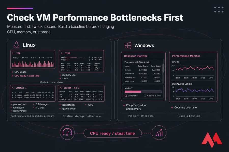 Stylised Linux and Windows VM monitoring collage with tool names and key performance metrics.