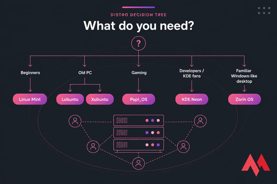 Decision tree infographic matching Ubuntu-based distros to beginner, gaming, old PC, KDE, and Windows-like needs