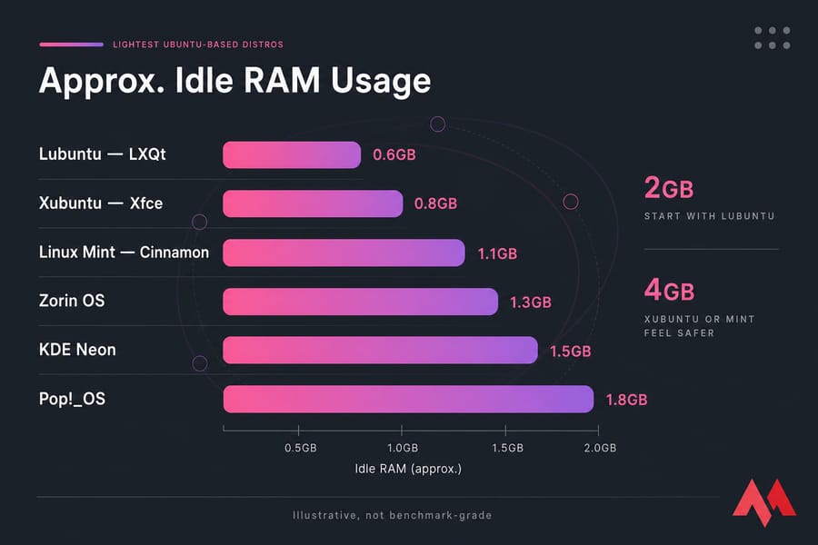 Horizontal bar chart comparing approximate idle RAM usage of six Ubuntu-based distros.