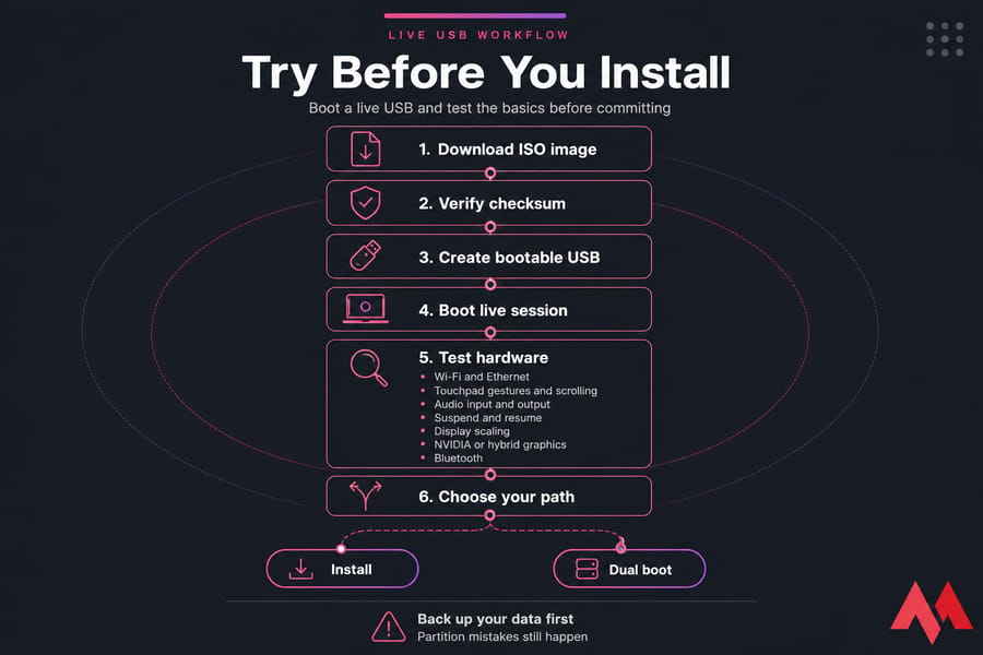 Infographic showing the live USB workflow from ISO download to install or dual boot.