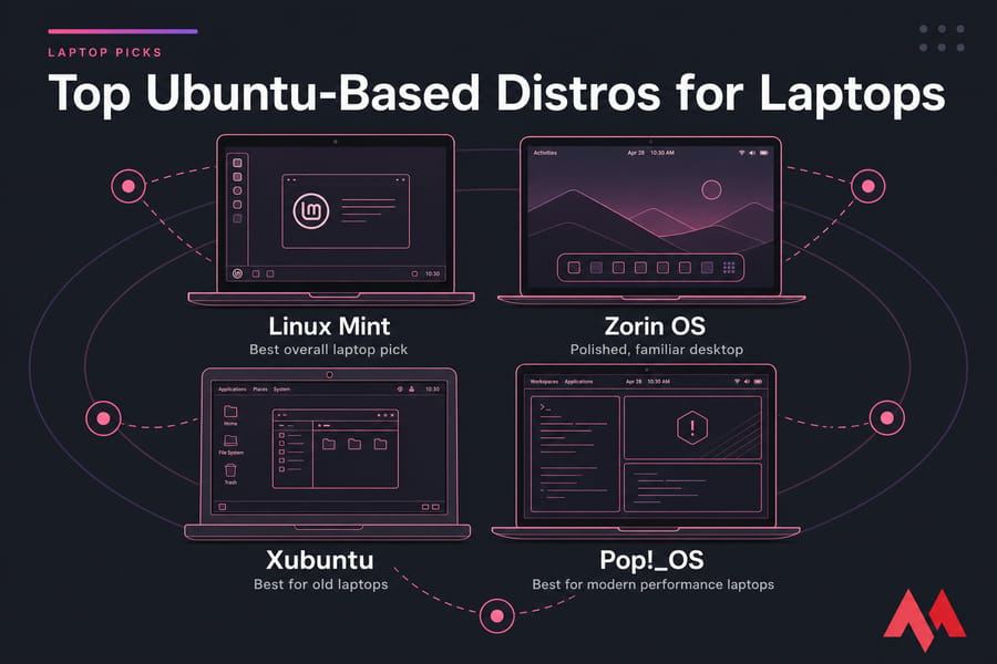 Stylised collage of four labeled laptops comparing Linux Mint, Zorin OS, Xubuntu, and Pop!_OS.