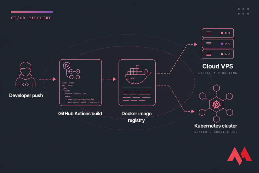 Diagram of CI/CD pipeline from developer push to GitHub Actions, Docker registry, Cloud VPS, and Kubernetes.