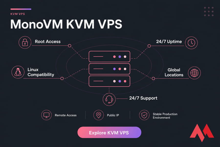 MonoVM KVM VPS graphic with labels for root access, Linux compatibility, uptime, global locations, and support