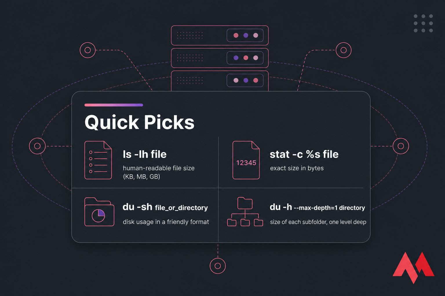 Quick Picks card showing four Linux file size commands and what each is used for