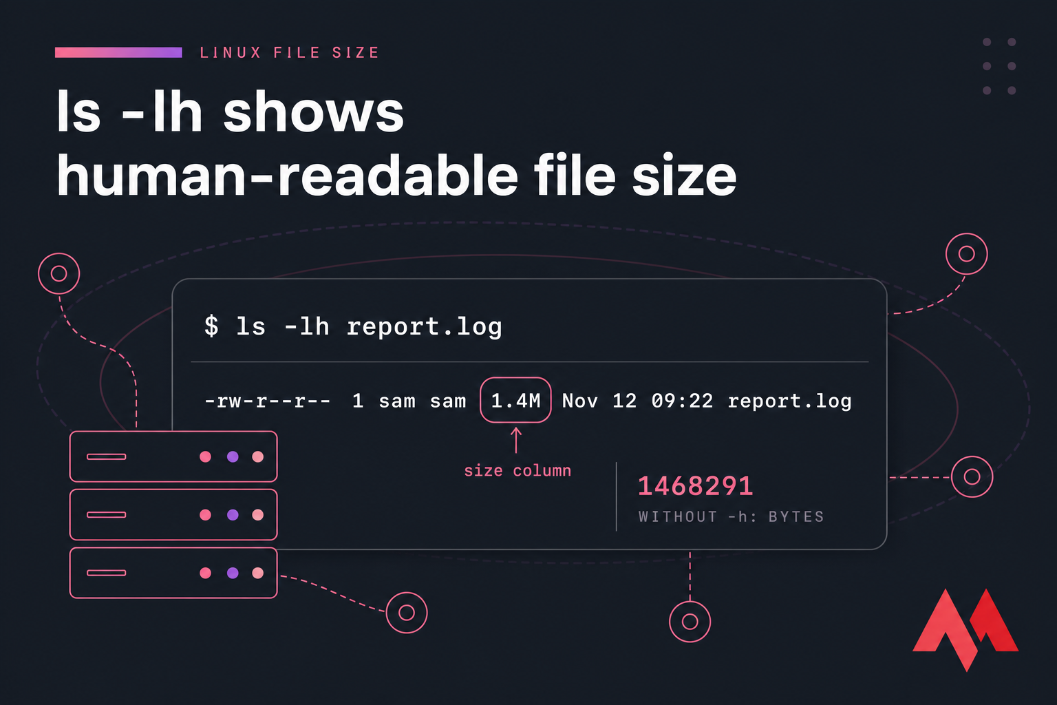 Stylised Linux terminal illustration showing ls -lh report.log with 1.4M highlighted as the size column.