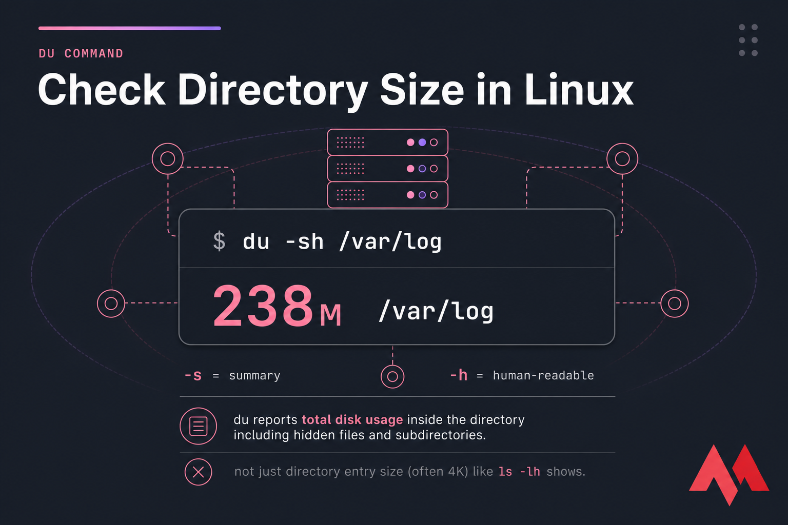 Stylised terminal graphic showing du -sh /var/log with output 238M /var/log.