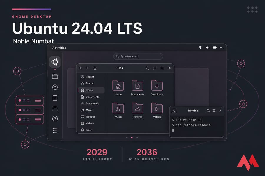 Stylised Ubuntu 24.04 GNOME desktop illustration with Activities, Files window, and terminal commands.