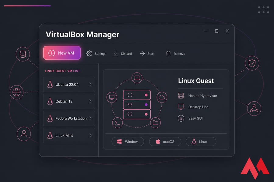Stylized VirtualBox Manager illustration with Linux VM list and highlighted New VM button.
