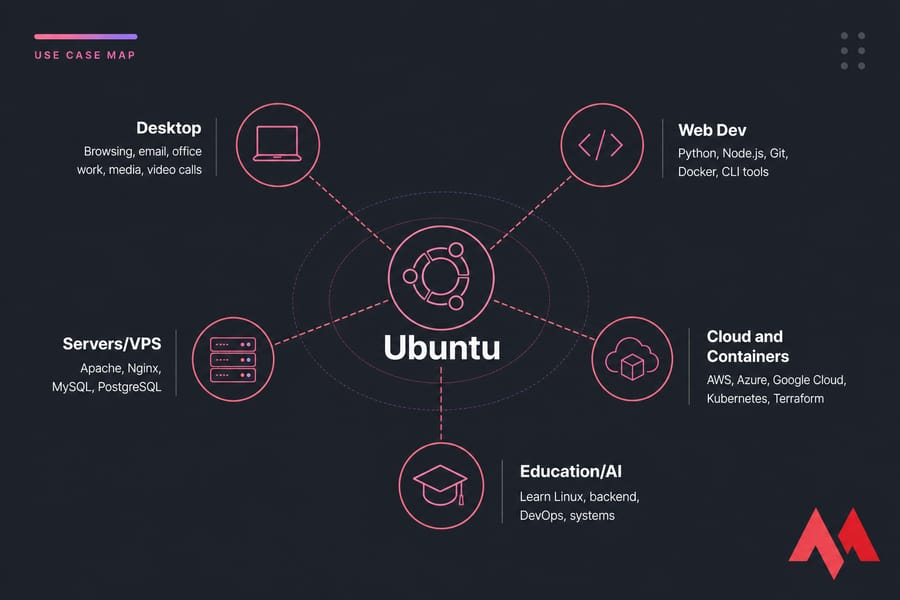 Ubuntu use-case map with five branches: Desktop, Web Dev, Servers/VPS, Cloud and Containers, Education/AI
