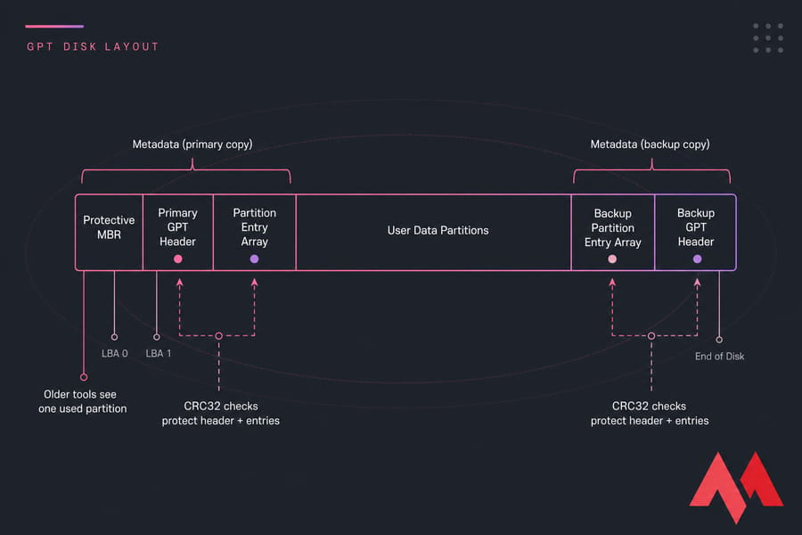 GPT disk layout diagram with protective MBR, primary header, partition array, user data, and backup GPT data.