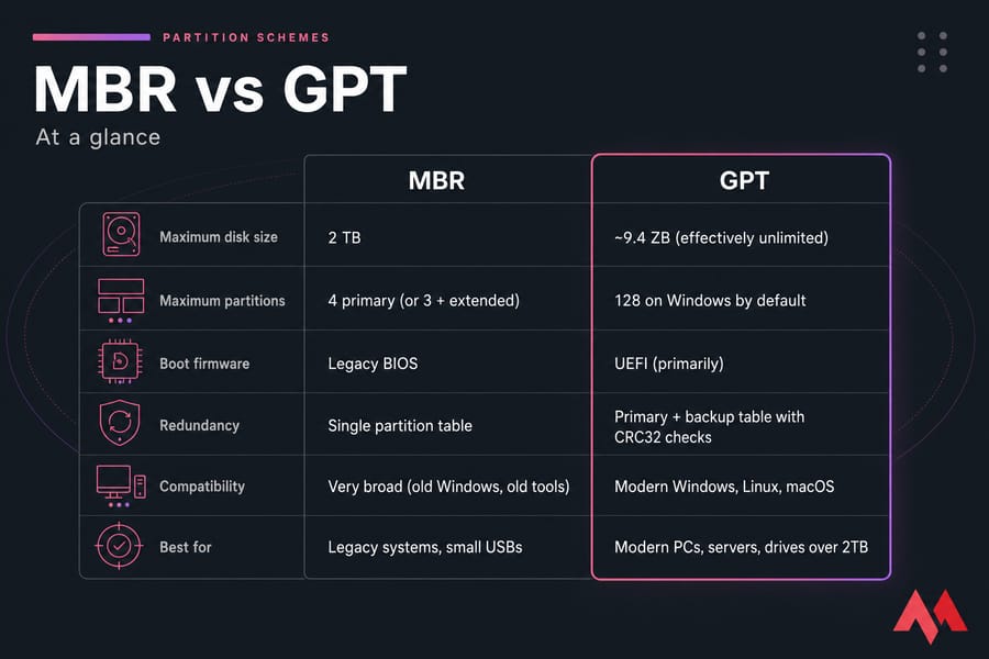 Side-by-side infographic comparing MBR and GPT across size, partitions, firmware, redundancy, and use case