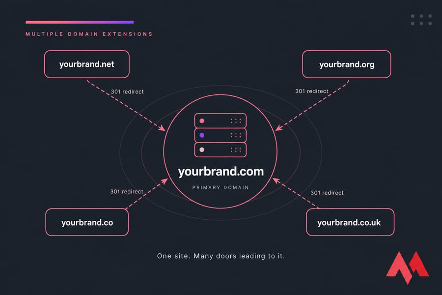 Diagram of four domain extensions 301-redirecting to a central yourbrand.com domain.