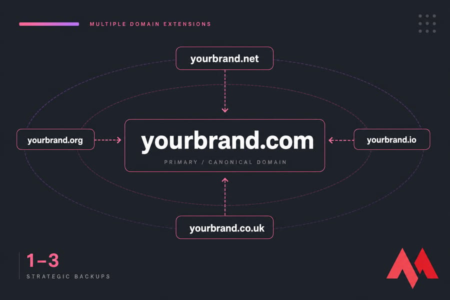 Hero graphic showing yourbrand.com as the primary domain with .net, .org, .io, and .co.uk redirecting to it.