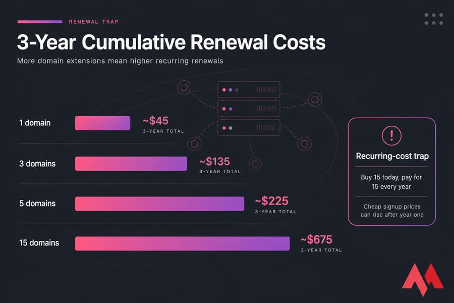 Horizontal bar chart showing 3-year renewal costs rising from ~$45 for 1 domain to ~$675 for 15 domains.