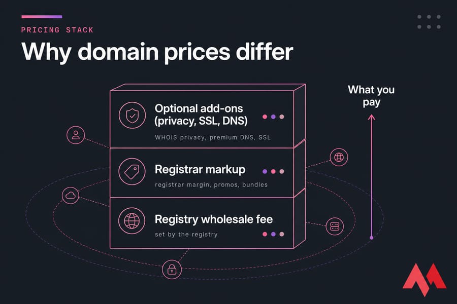 Three-layer pricing stack showing registry fee, registrar markup, add-ons, and total price paid.