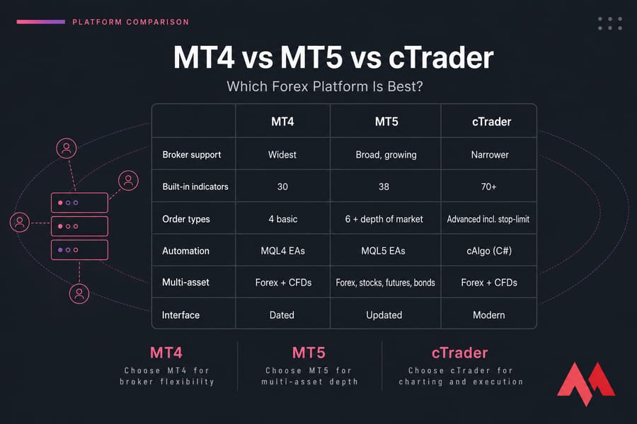 Comparison matrix of MT4, MT5, and cTrader features for forex trading.