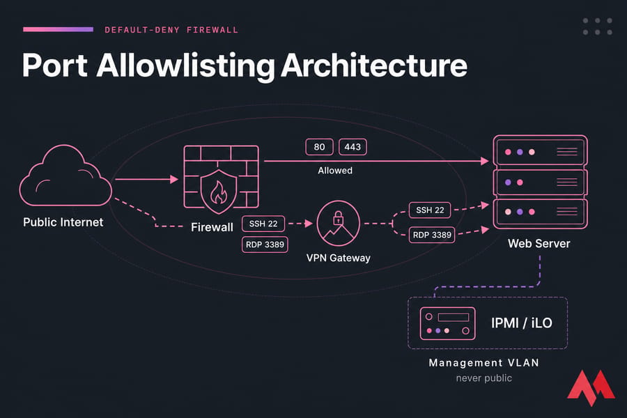 Diagram of firewall allowlisting with 80/443 public, SSH/RDP via VPN, and IPMI on a management VLAN.