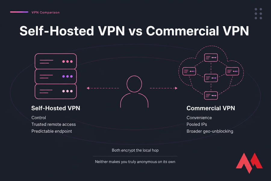 Hero illustration comparing Self-Hosted VPN and Commercial VPN with a person choosing between them