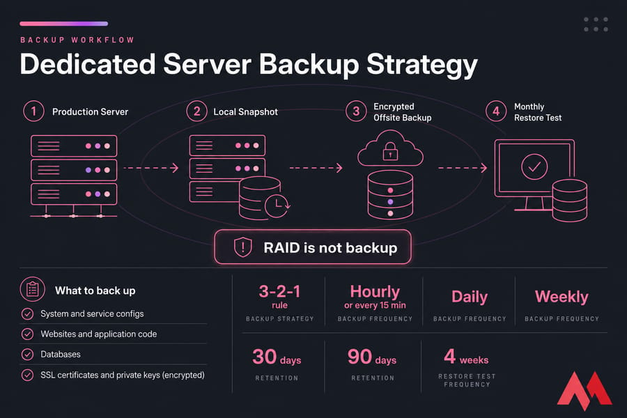 Infographic of server backup workflow from production to snapshot, offsite backup, and monthly restore test.