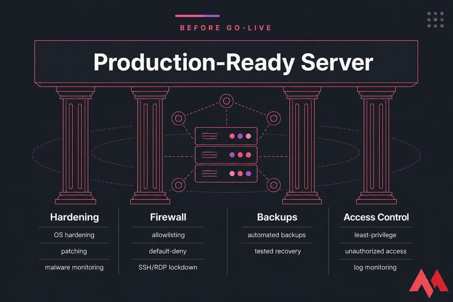 Infographic with four security pillars supporting a Production-Ready Server banner before go-live.