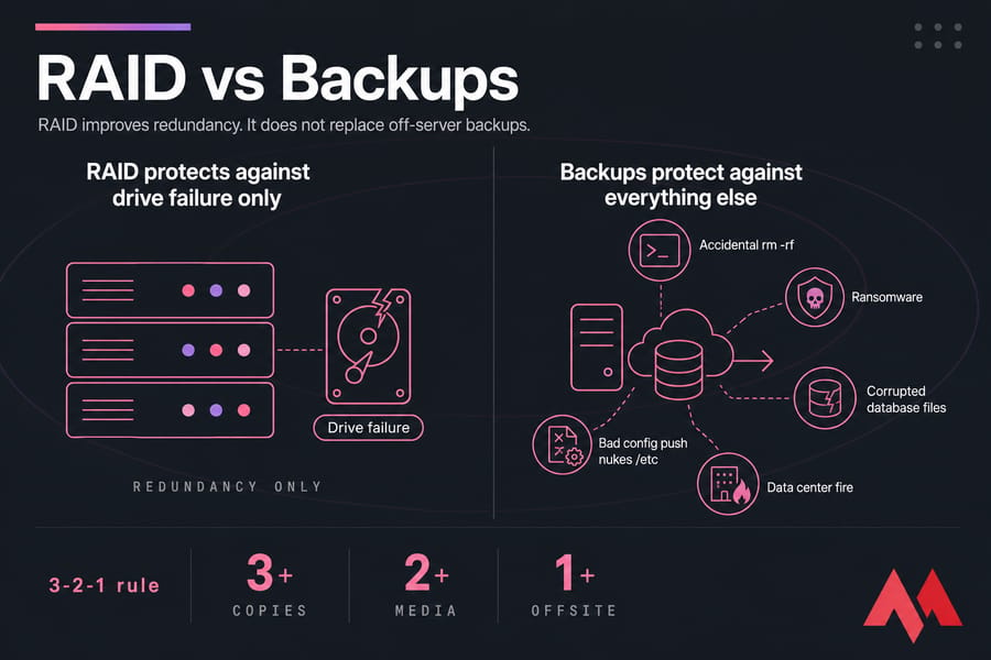 Side-by-side infographic showing RAID only covers drive failure, while backups cover broader disasters.