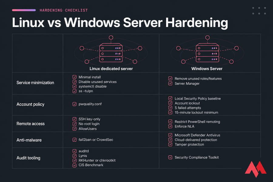Side-by-side Linux and Windows Server hardening checklist comparison graphic