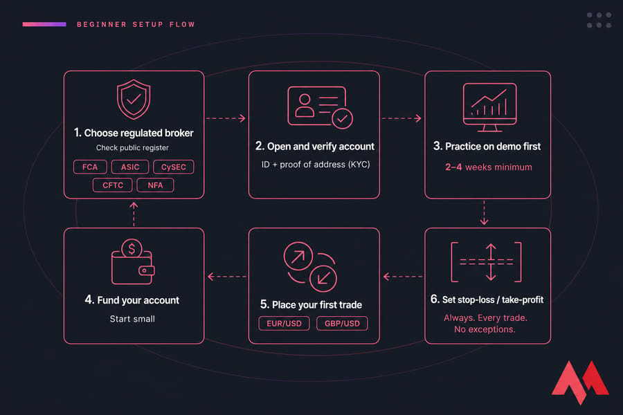 Six-step beginner forex app setup flow from regulated broker to stop-loss and take-profit.