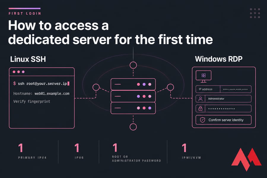 Split-screen illustration of Linux SSH and Windows RDP connecting to one dedicated server.