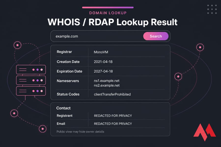 Stylized domain lookup interface showing registrar, dates, nameservers, status codes, and redacted contact info
