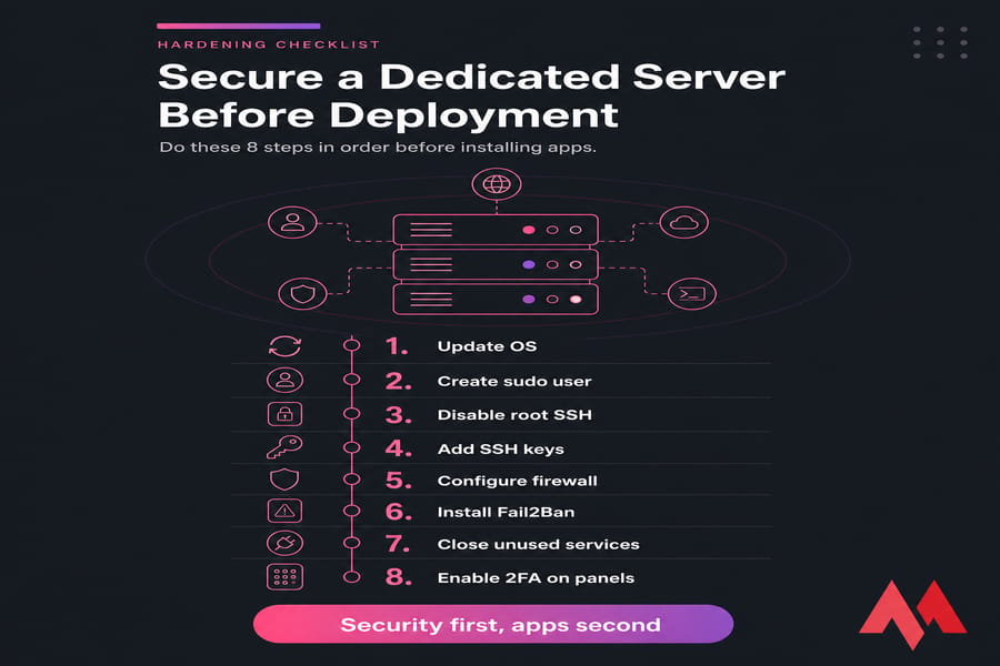 Vertical 8-step server hardening checklist infographic in MonoVM pink-purple dark style